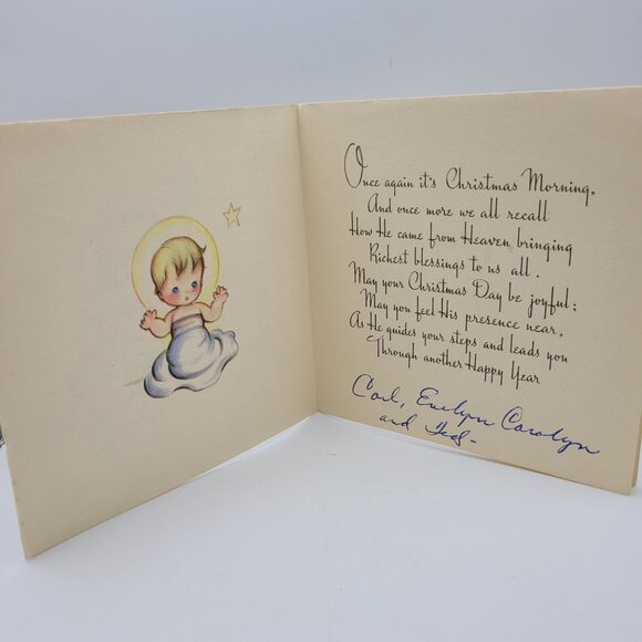 Vintage Merry Christmas Card With Angels & Baby Jesus Illustration - Picture 2 of 5